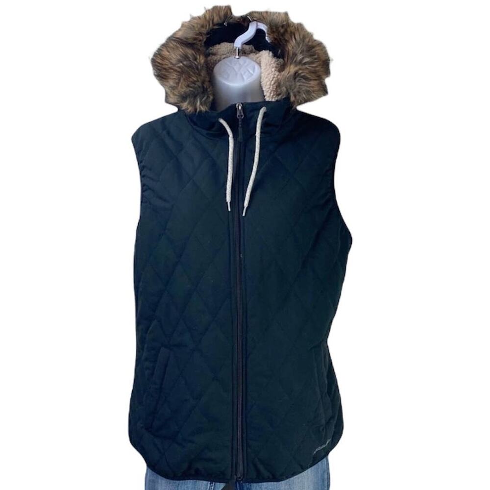 Eddie Bauer Snow Furry Hooded Quilted Vest Black L